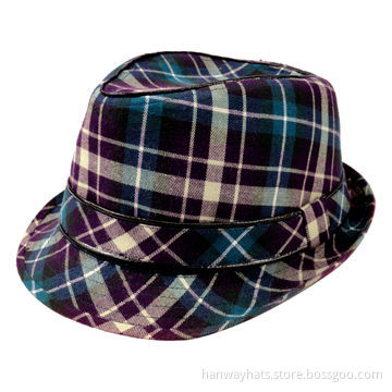 Plaid Small Children's Fedora Hat with Self Band and Black PU Binding On Top Crown and Hat Band